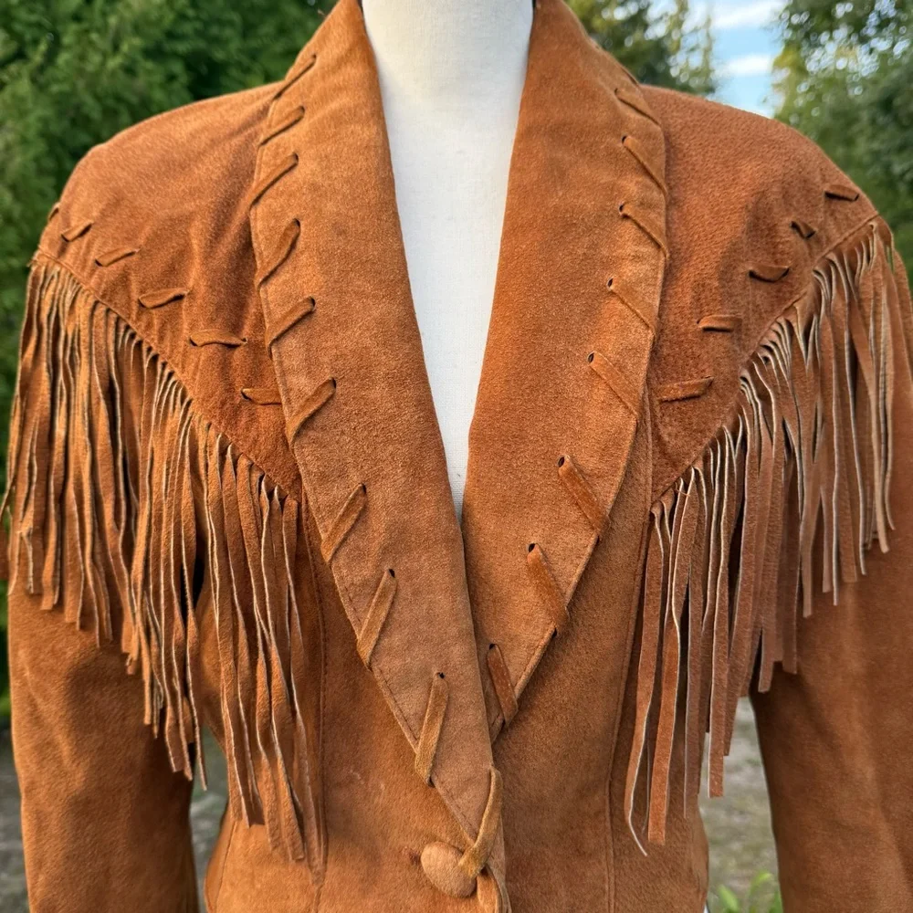 Vintage Phoenix USA Tan Fringed Women's Genuine Pig Split Jacket Blazer Medium - Picture 3 of 16
